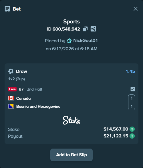 Bet slip: Canada - Bosnia and Herzegovina, $14,567.00 stake at 1.45 odds, placed by NickGoat01