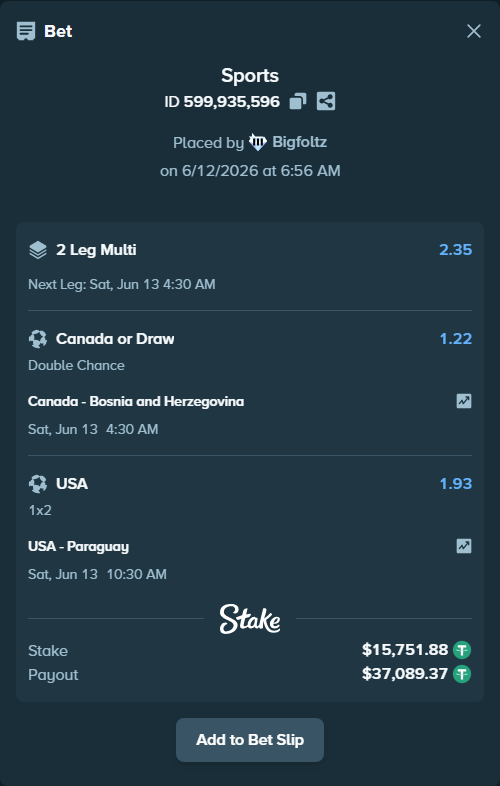 Bet slip: Canada - Bosnia and Herzegovina, $15,767.63 stake at 1.22 odds, placed by Bigfoltz