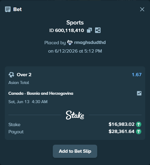Bet slip: Canada - Bosnia and Herzegovina, $17,000.00 stake at 1.67 odds, placed by rmaghsdudthd