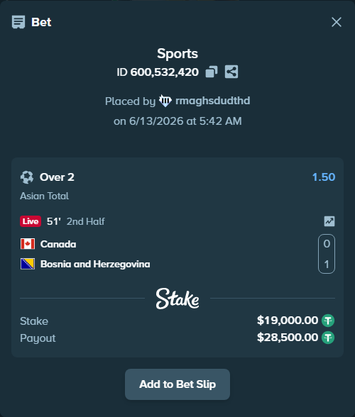 Bet slip: Canada - Bosnia and Herzegovina, $19,000.00 stake at 1.50 odds, placed by rmaghsdudthd