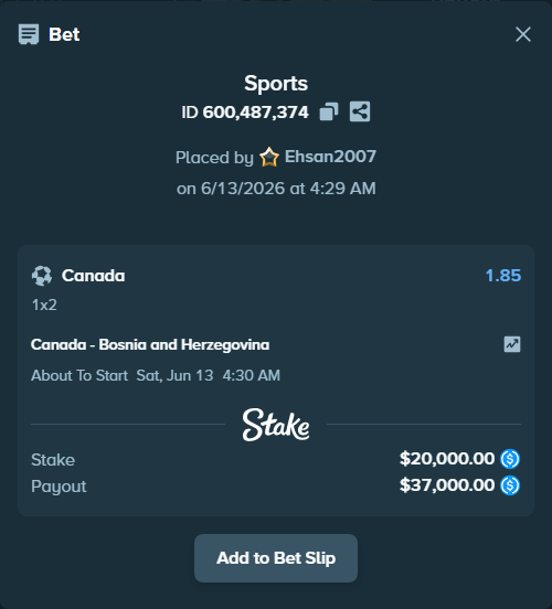 Bet slip: Canada - Bosnia and Herzegovina, $20,000.00 stake at 1.85 odds, placed by Ehsan2007