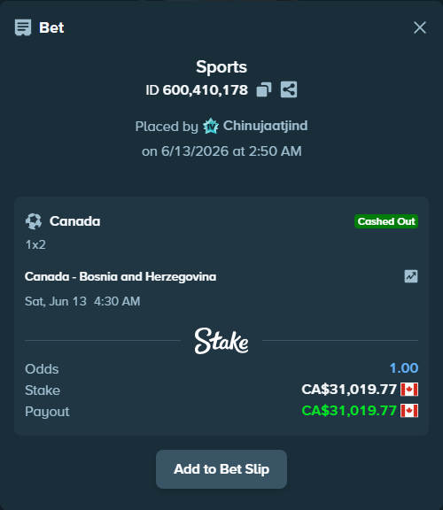 Bet slip: Canada - Bosnia and Herzegovina, $22,954.63 stake at 1.81 odds, placed by Chinujaatjind
