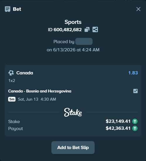 Bet slip: Canada - Bosnia and Herzegovina, $23,172.56 stake at 1.83 odds, placed by bwullf75