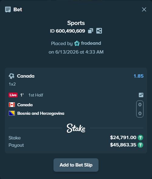 Bet slip: Canada - Bosnia and Herzegovina, $24,815.79 stake at 1.85 odds, placed by frodeand