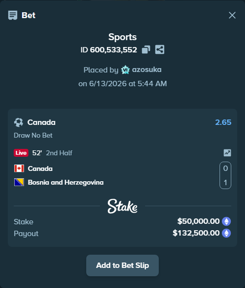Bet slip: Canada - Bosnia and Herzegovina, $52,081.63 stake at 2.65 odds, placed by azosuka