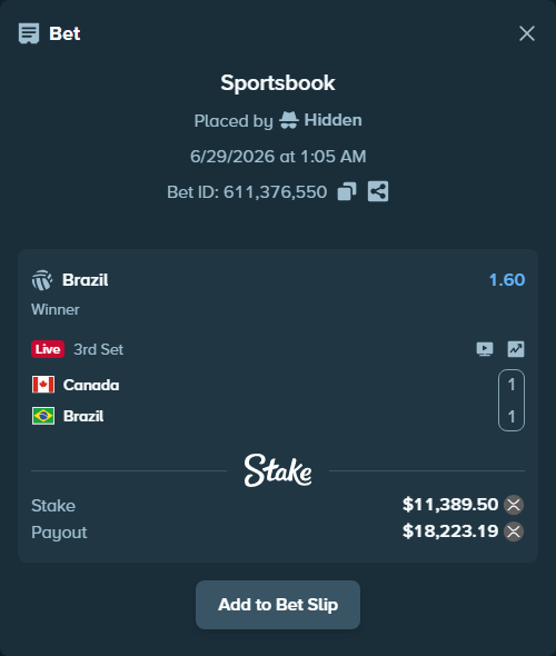 Bet slip: Canada - Brazil, $12,226.62 stake at 1.60 odds, placed by Hidden