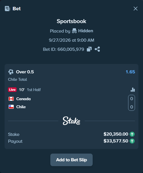 Bet slip: Canada - Chile, $20,350.00 stake at 1.65 odds, placed by tlwns4736