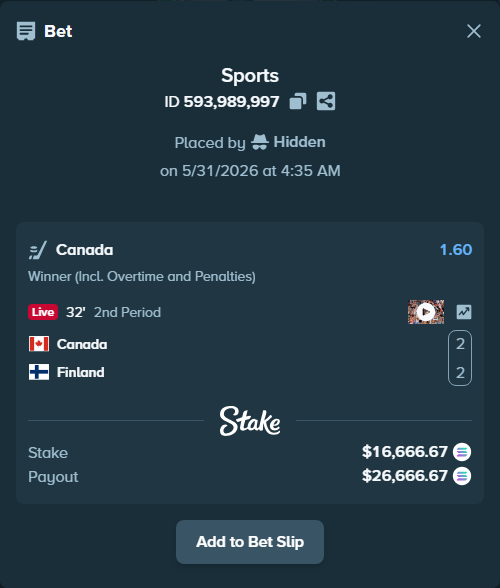 Bet slip: Canada - Finland, $14,755.41 stake at 1.60 odds, placed by Hidden