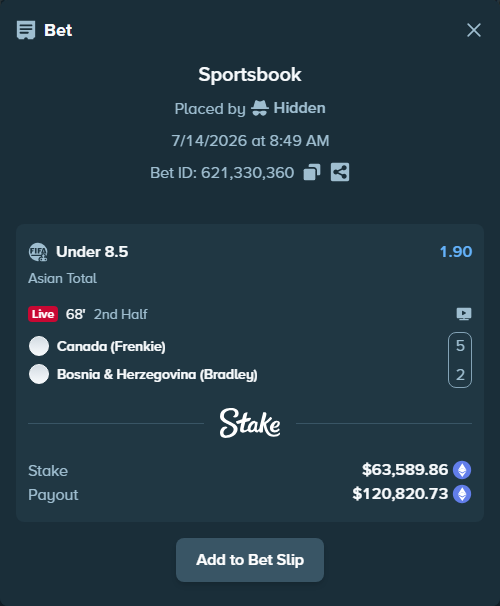 Bet slip: Canada (Frenkie) - Bosnia & Herzegovina (Bradley), $68,897.58 stake at 1.90 odds, placed by Hidden