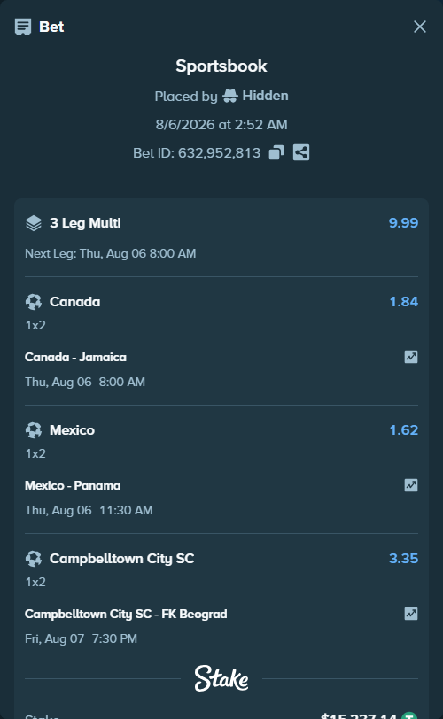Bet slip: Canada - Jamaica, $15,252.38 stake at 1.84 odds, placed by Hidden