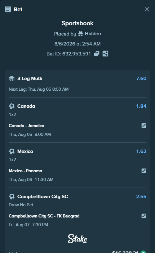 Bet slip: Canada - Jamaica, $16,346.54 stake at 1.84 odds, placed by Hidden