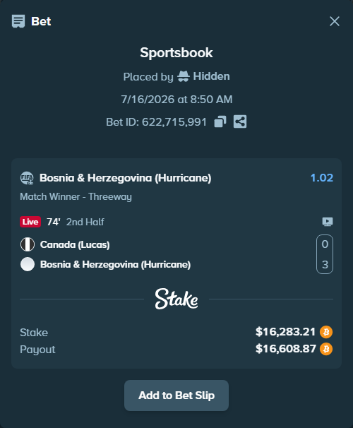 Bet slip: Canada (Lucas) - Bosnia & Herzegovina (Hurricane), $16,140.45 stake at 1.02 odds, placed by Hidden