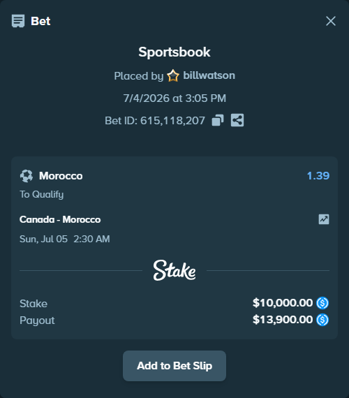 Bet slip: Canada - Morocco, $10,000.00 stake at 1.39 odds, placed by billwatson