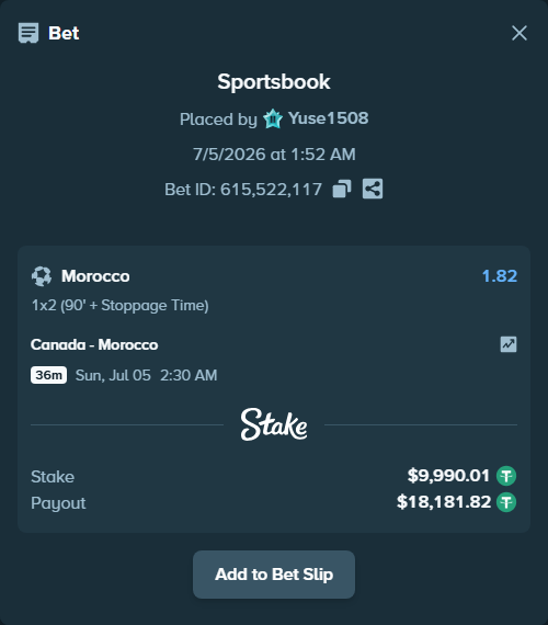 Bet slip: Canada - Morocco, $10,000.00 stake at 1.82 odds, placed by Yuse1508