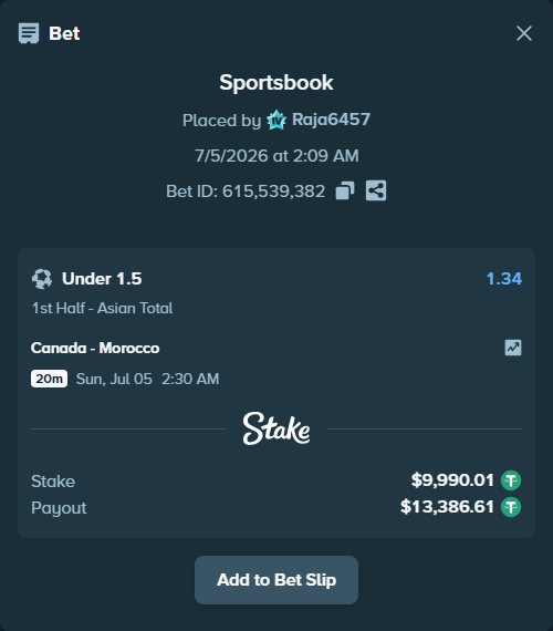 Bet slip: Canada - Morocco, $10,000.00 stake at 1.34 odds, placed by Raja6457