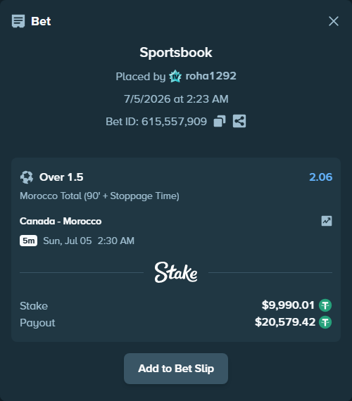 Bet slip: Canada - Morocco, $10,000.00 stake at 2.06 odds, placed by roha1292