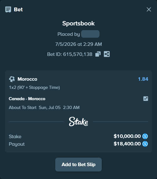 Bet slip: Canada - Morocco, $10,000.00 stake at 1.84 odds, placed by silask08