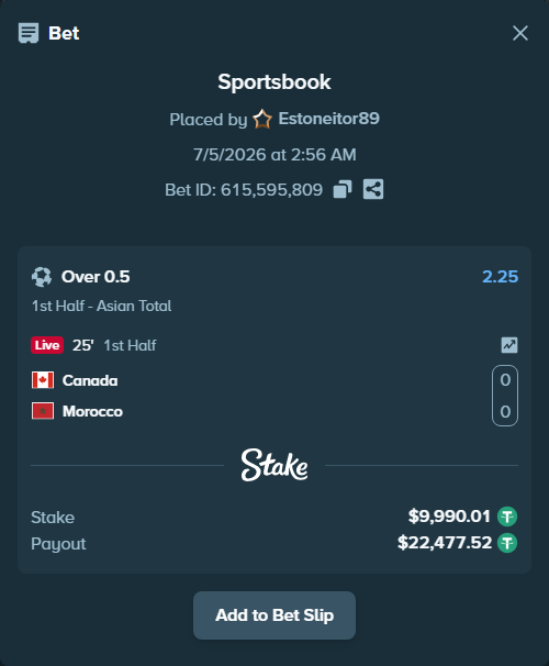 Bet slip: Canada - Morocco, $10,000.00 stake at 2.25 odds, placed by Estoneitor89