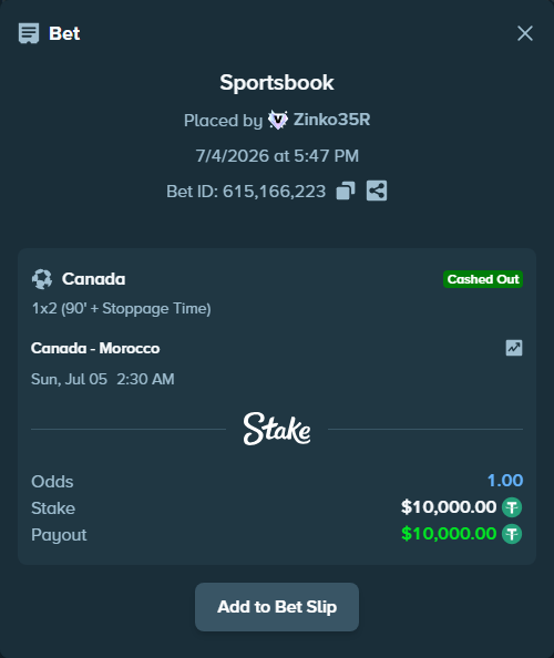 Bet slip: Canada - Morocco, $10,010.00 stake at 4.90 odds, placed by Zinko35R
