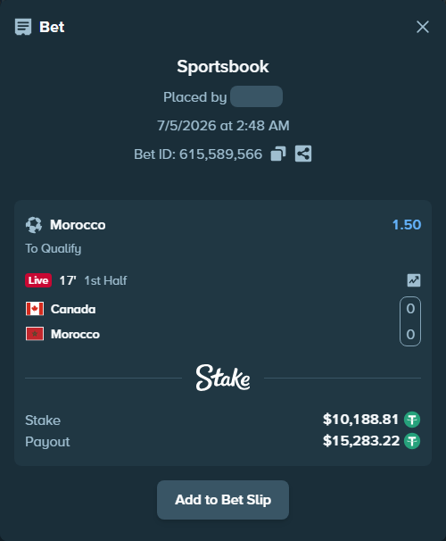 Bet slip: Canada - Morocco, $10,199.00 stake at 1.50 odds, placed by Monarcagold