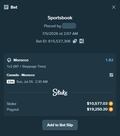 Bet slip: Canada - Morocco, $10,824.48 stake at 1.82 odds, placed by theoutlaw