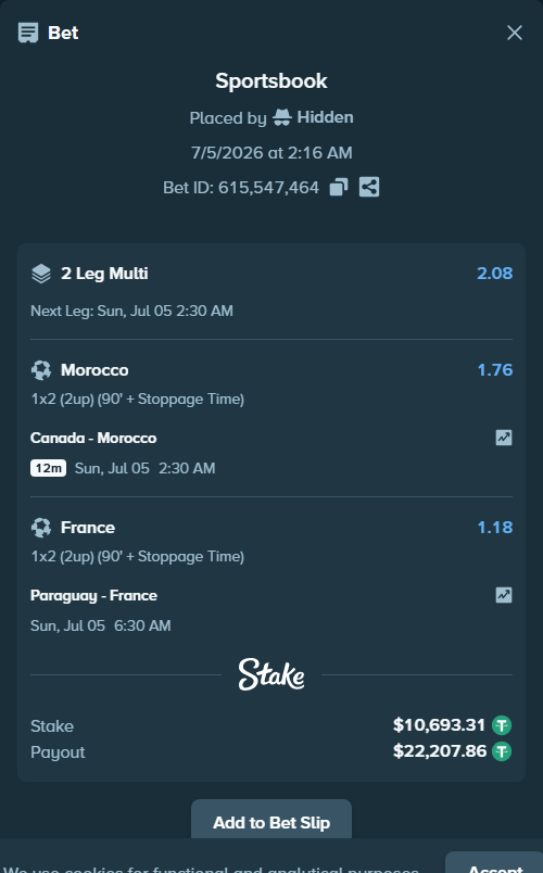 Bet slip: Canada - Morocco, $10,704.00 stake at 1.76 odds, placed by Albertosf90