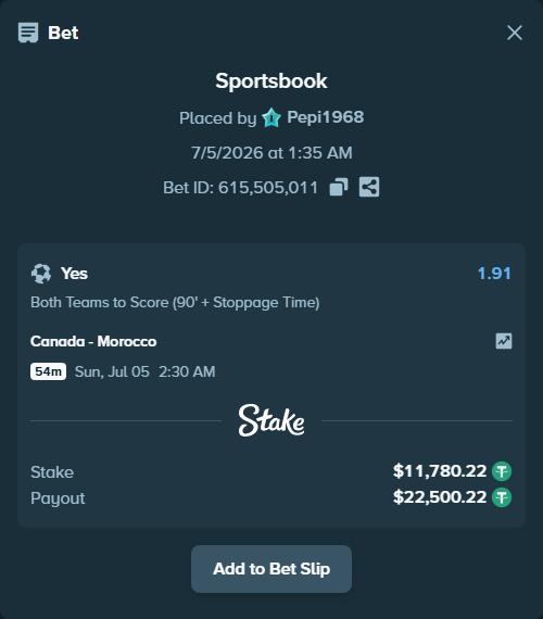 Bet slip: Canada - Morocco, $11,792.00 stake at 1.91 odds, placed by Pepi1968