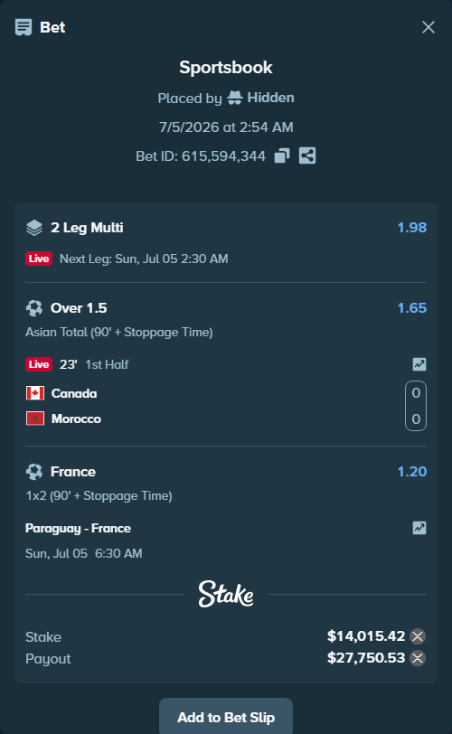 Bet slip: Canada - Morocco, $14,040.00 stake at 1.65 odds, placed by Hidden