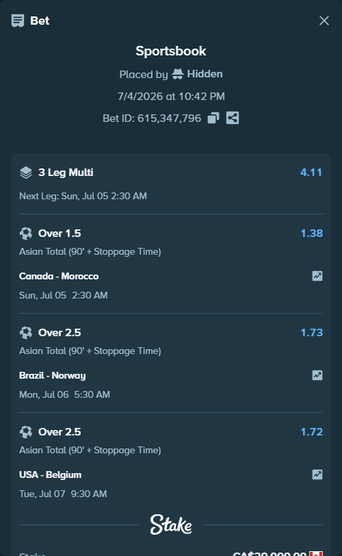 Bet slip: Canada - Morocco, $14,800.00 stake at 1.38 odds, placed by Hidden