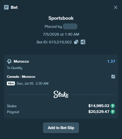 Bet slip: Canada - Morocco, $15,000.00 stake at 1.37 odds, placed by simpan1337