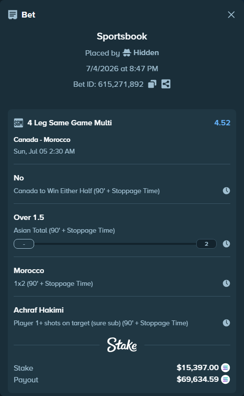 Bet slip: Canada - Morocco, $15,519.88 stake at 1.44 odds, placed by Hidden