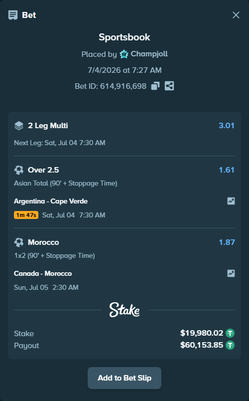 Bet slip: Canada - Morocco, $20,000.00 stake at 1.87 odds, placed by Champjoll