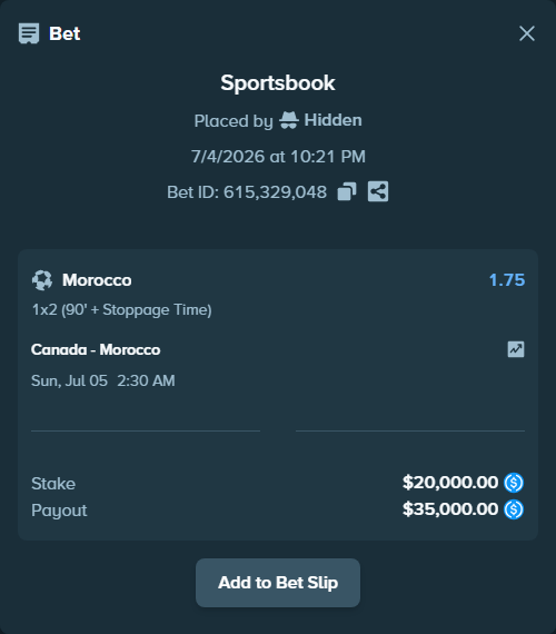 Bet slip: Canada - Morocco, $20,000.00 stake at 1.75 odds, placed by Erfanabol