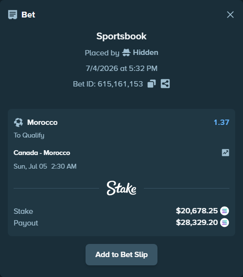 Bet slip: Canada - Morocco, $20,537.50 stake at 1.37 odds, placed by Hidden