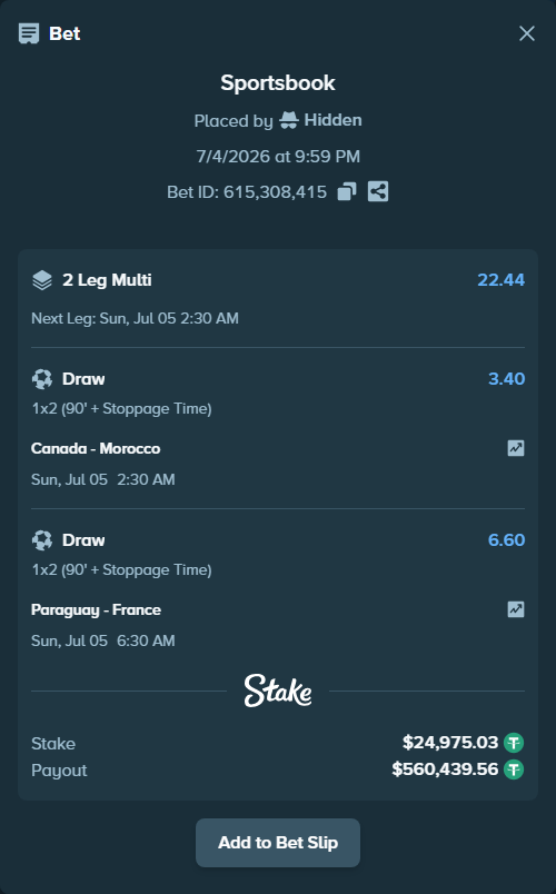 Bet slip: Canada - Morocco, $25,000.00 stake at 3.40 odds, placed by Hidden