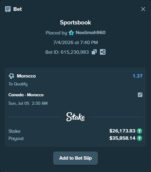 Bet slip: Canada - Morocco, $26,200.00 stake at 1.37 odds, placed by Neelimah960