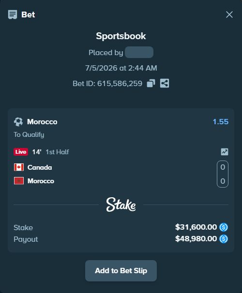 Bet slip: Canada - Morocco, $31,600.00 stake at 1.55 odds, placed by pering3