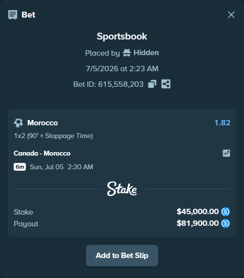 Bet slip: Canada - Morocco, $45,000.00 stake at 1.82 odds, placed by Robing001