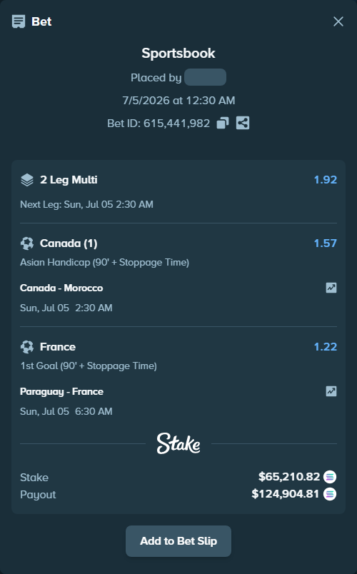 Bet slip: Canada - Morocco, $65,632.09 stake at 1.57 odds, placed by Mashko21