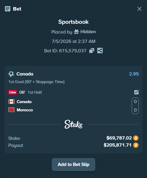 Bet slip: Canada - Morocco, $70,296.24 stake at 2.95 odds, placed by Mashko21