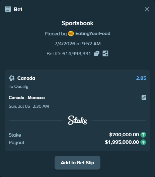 Bet slip: Canada - Morocco, $700,700.00 stake at 2.85 odds, placed by EatingYourFood