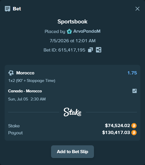 Bet slip: Canada - Morocco, $75,398.29 stake at 1.75 odds, placed by ArvaPandaM