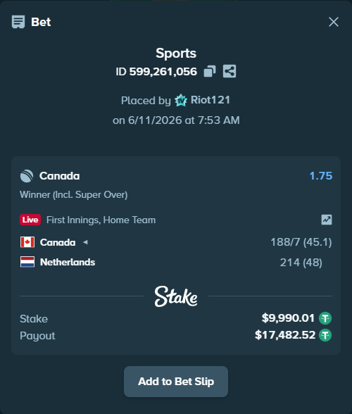 Bet slip: Canada - Netherlands, $10,000.00 stake at 1.75 odds, placed by Riot121