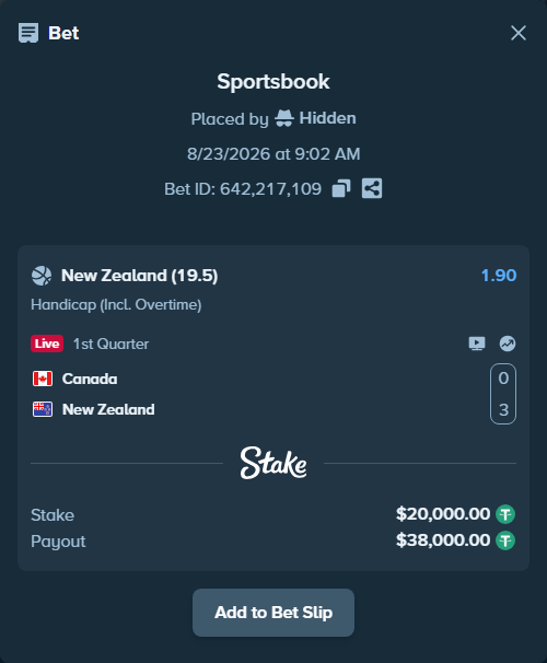 Bet slip: Canada - New Zealand, $20,000.00 stake at 1.90 odds, placed by Hidden