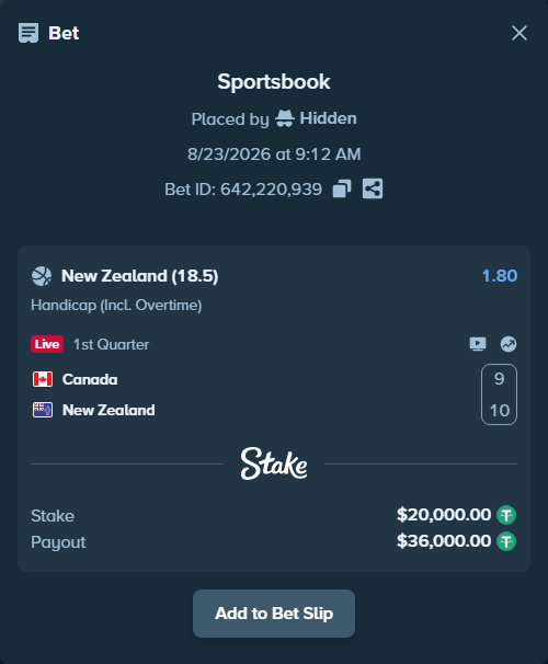 Bet slip: Canada - New Zealand, $20,000.00 stake at 1.80 odds, placed by Hidden