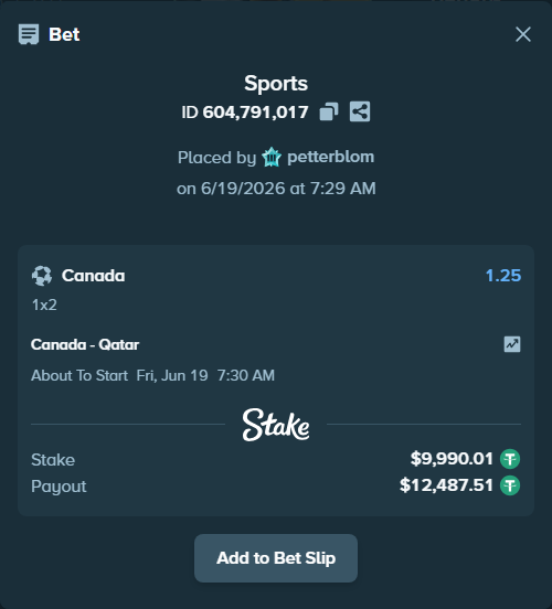 Bet slip: Canada - Qatar, $10,000.00 stake at 1.25 odds, placed by petterblom