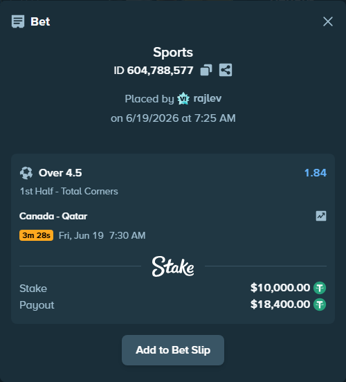 Bet slip: Canada - Qatar, $10,010.00 stake at 1.84 odds, placed by rajlev