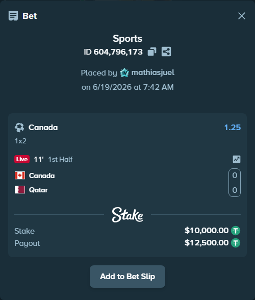 Bet slip: Canada - Qatar, $10,010.00 stake at 1.25 odds, placed by mathiasjuel