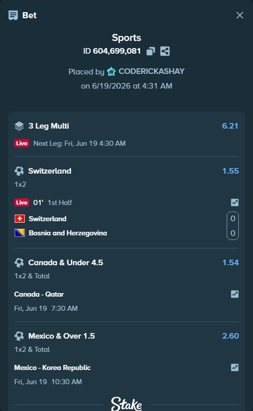 Bet slip: Canada - Qatar, $11,312.21 stake at 1.54 odds, placed by CODERICKASHAY