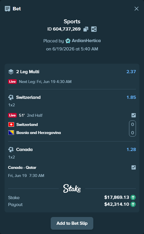 Bet slip: Canada - Qatar, $17,887.00 stake at 1.28 odds, placed by ArdianHertica